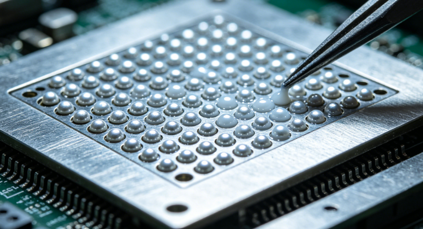 Solder sphere placement on BGA package using a stencil