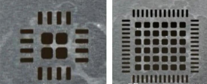Top-view illustration of fine-pitch QFN footprint and corresponding stencil openings