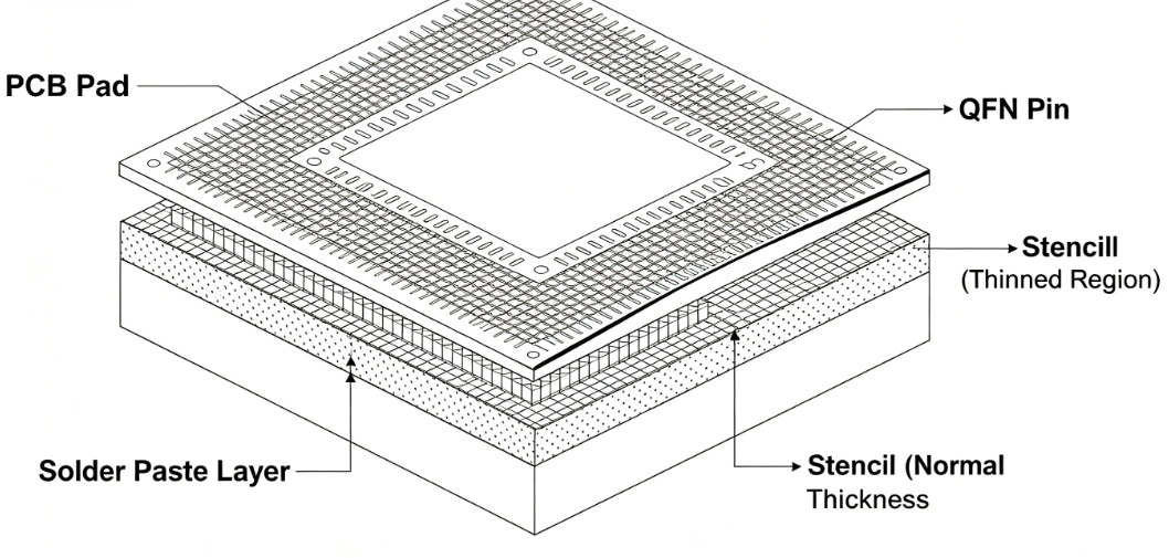 Cross-sectional diagram showing reduced thickness in a stencil over QFN pads