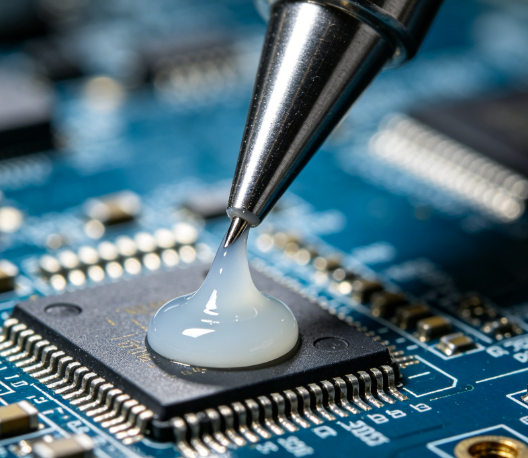 Close-up view of dispensing needle applying solder paste to PCB pads