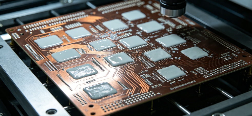 AOI camera scanning solder paste deposits on a printed circuit board