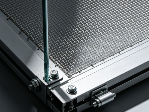Close-up view of frameless stencil mounted on tensioning frame during setup