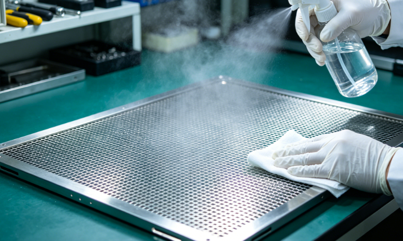 Technician performing underside cleaning of a frameless stencil with approved solvent