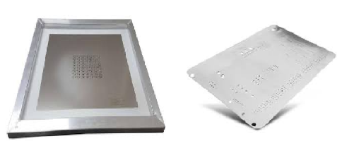 PCB stencil mounted in frame with tensioning system and support bars