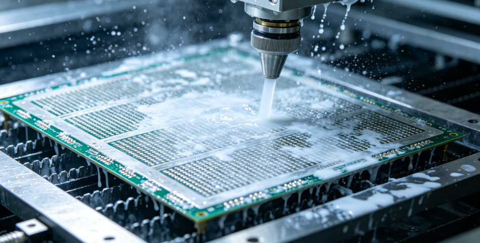 Industrial cleaning equipment removing solder paste residue from a used PCB stencil