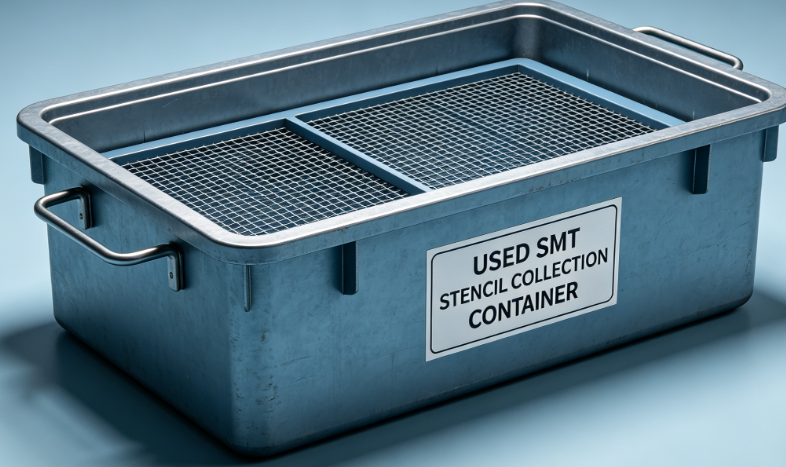 Labeled containers for collecting used SMT stencils prior to recycling
