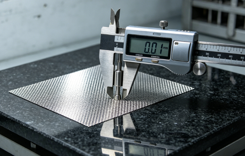 Precision gauge measuring stencil foil thickness on a flat surface