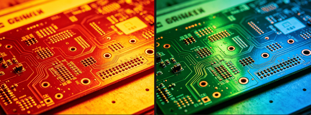 Infrared image comparing heat distribution on FR4 versus metal-backed PCB