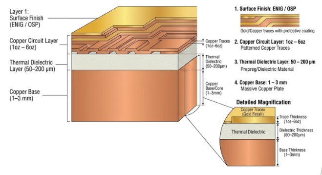 Layered view of copper traces, dielectric, and aluminum base in a metal-backed PCB