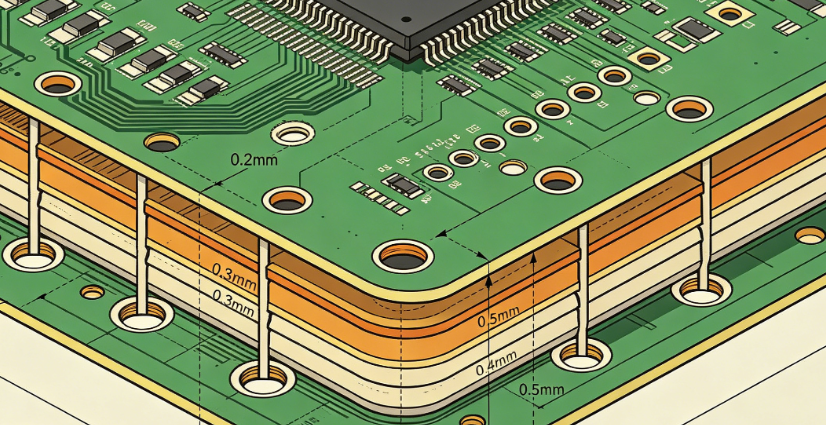 Cross-section view showing board thickness and via diameter relationship in a multilayer PCB