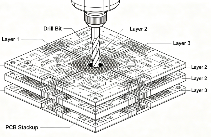 Schematic of mechanical drilling through a multilayer PCB stack-up