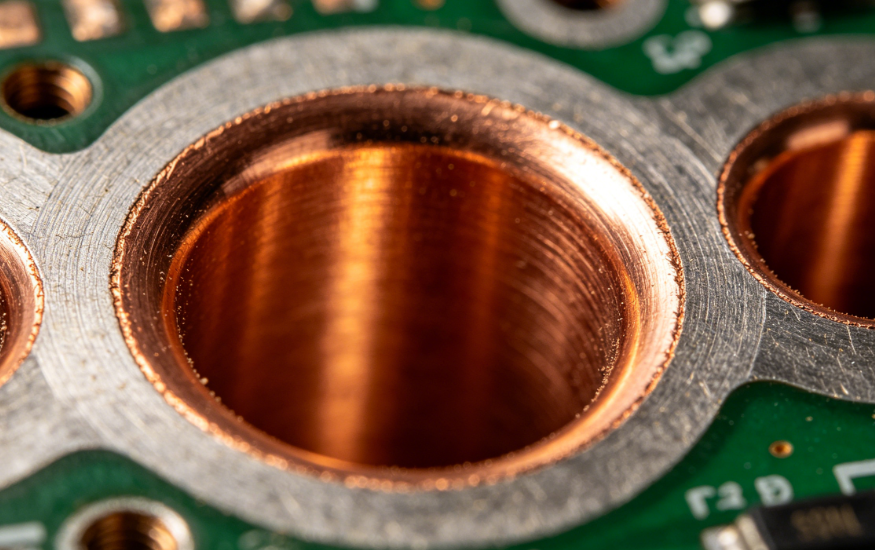Microscopic view of copper plating inside a high-aspect-ratio via