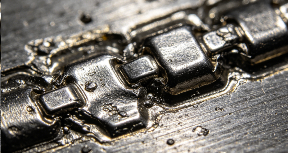 Microscopic view of a leaded solder joint showing intermetallic layers