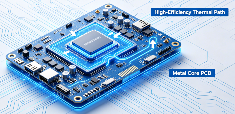 Metal-backed PCB with thermal path