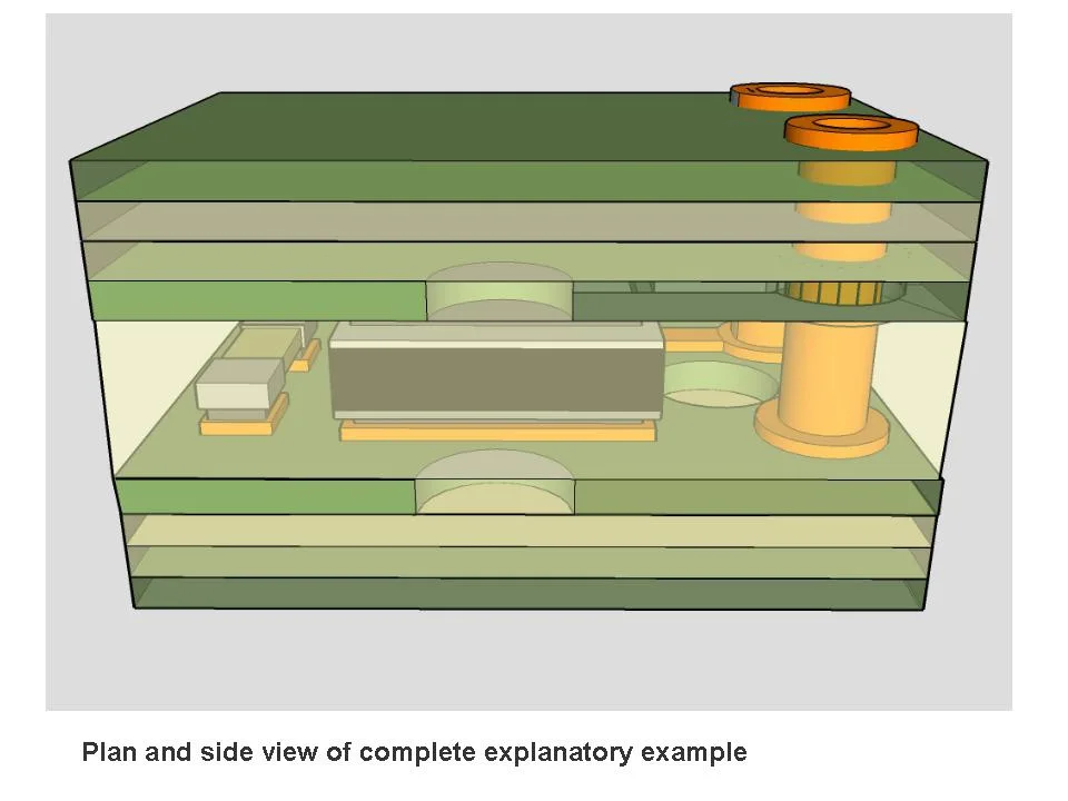 Cross-section of embedded component PCB with high-frequency laminate layers
