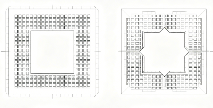 Side-by-side view of standard rectangular and modified home-plate apertures for BGA pads