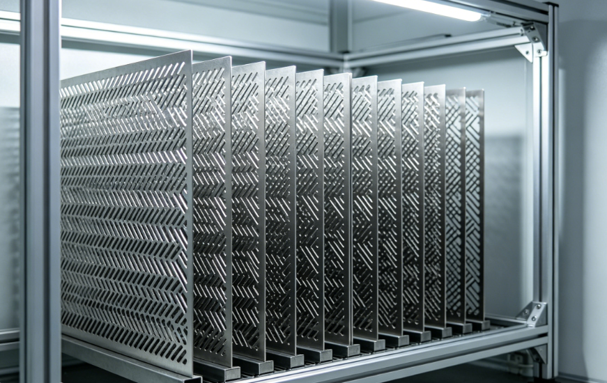 Laser cut stencils stored vertically in a controlled environment rack
