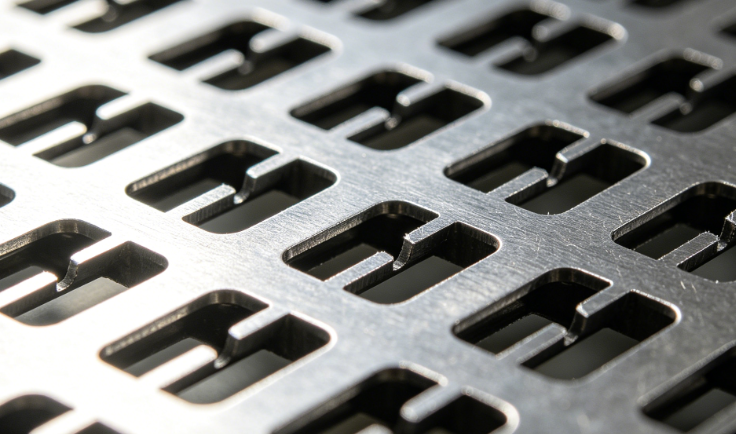 Close up view of clean laser cut stencil apertures during quality check