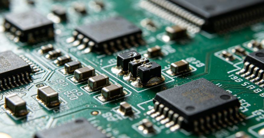 Photographs of solder bridging and tombstoning defects on assembled PCBs