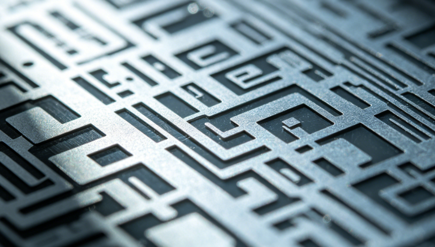 Close-up of a mylar stencil showing cut patterns for solder paste