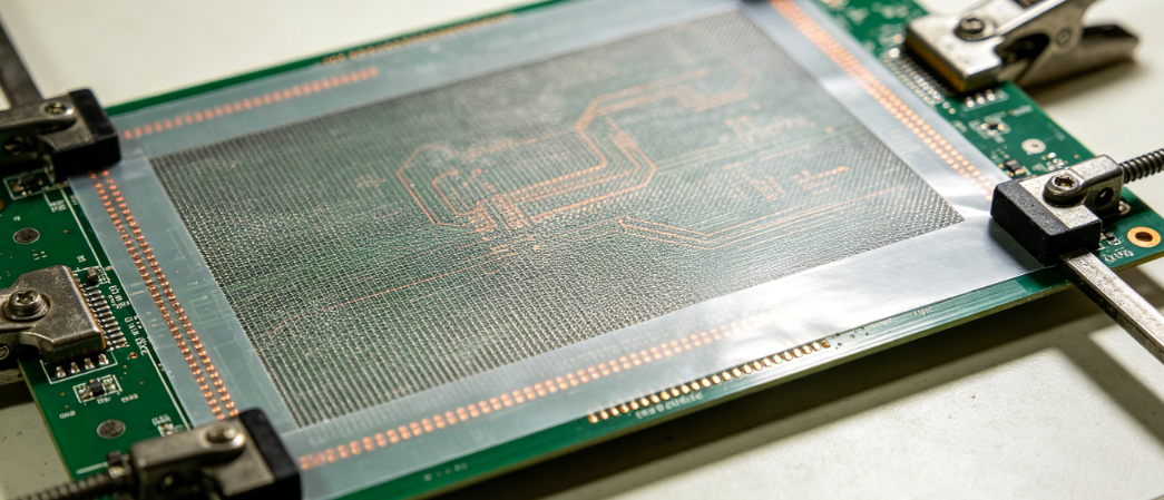 Mylar stencil positioned and secured over a DIY PCB for paste printing