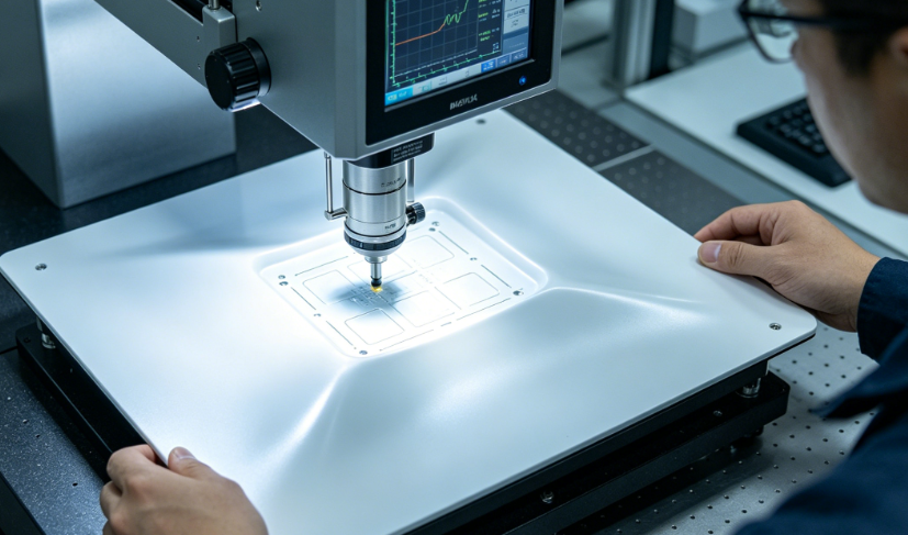 Technician measuring warpage on a molded MID substrate with a coordinate measuring machine