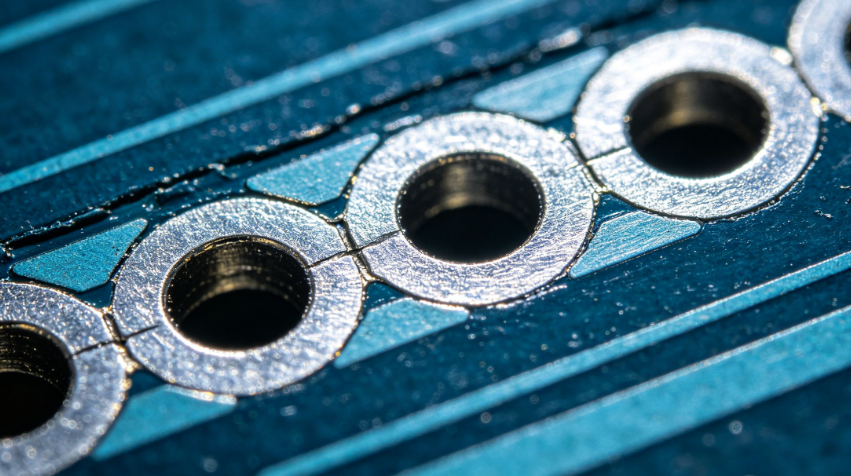 Metallographic cross-section showing well-plated via in an MID PCB
