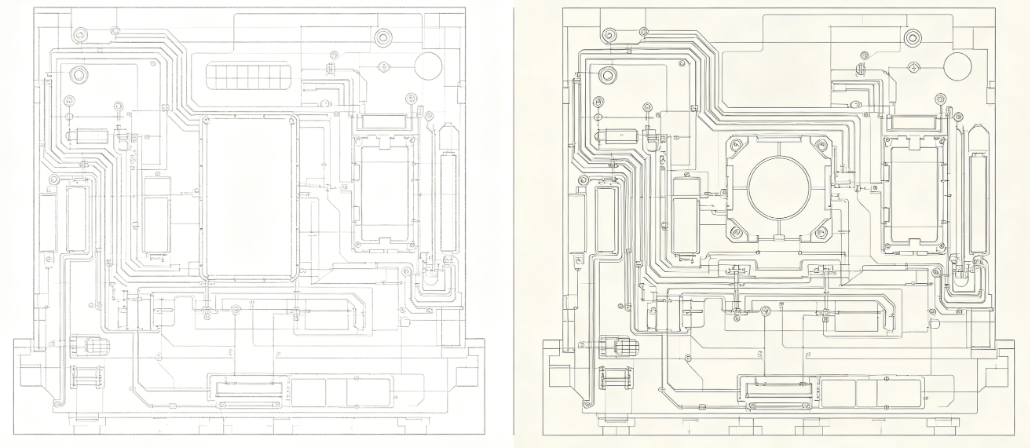 Side-by-side view of trace profiles from two-shot and LDS processes