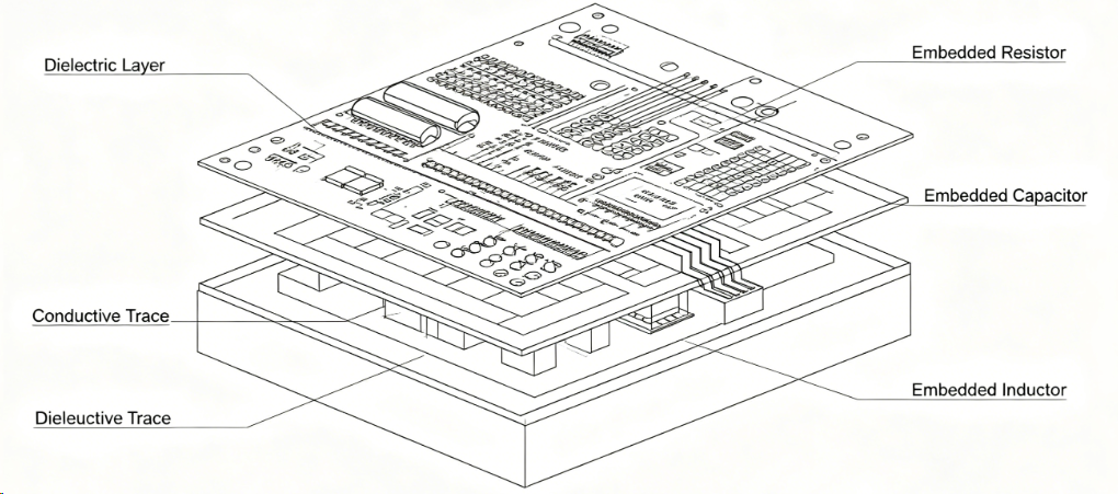 Diagram showing embedded passive components within PCB layers