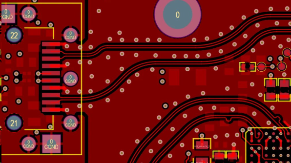 PCB layout showing thermal vias connecting copper planes beneath a high-power component