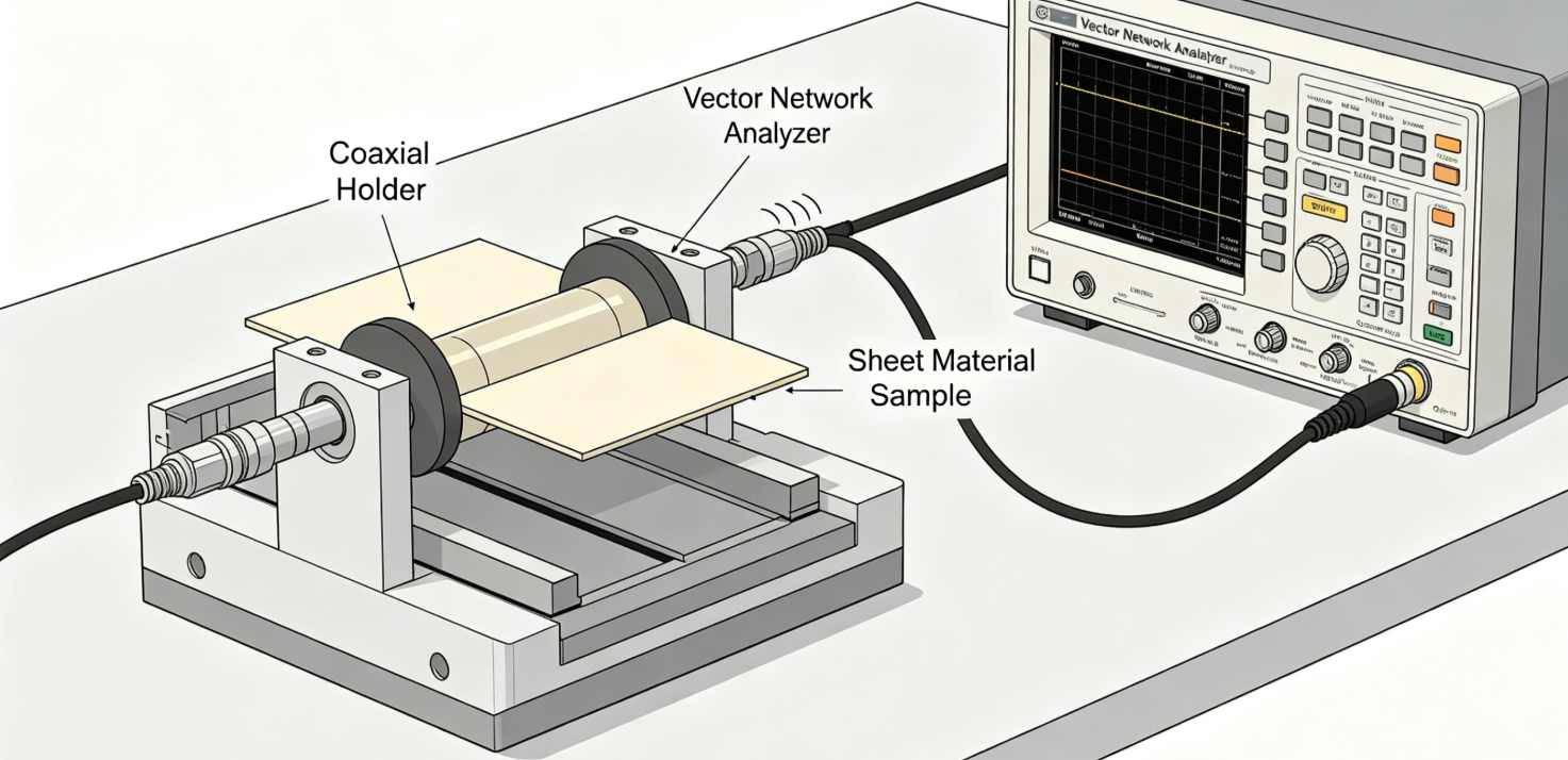 Setup for measuring shielding effectiveness of sheet materials using a coaxial holder