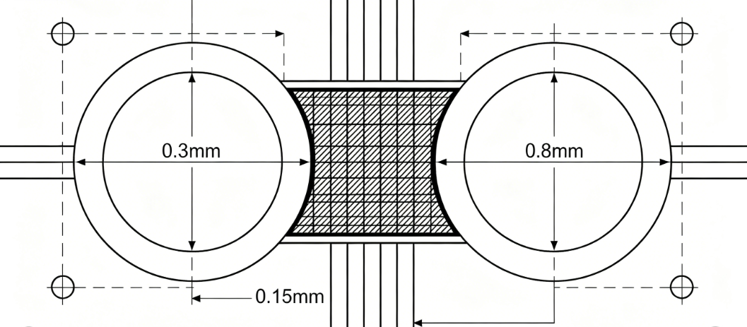Diagram showing solder mask dam positioned between two adjacent pads on a PCB