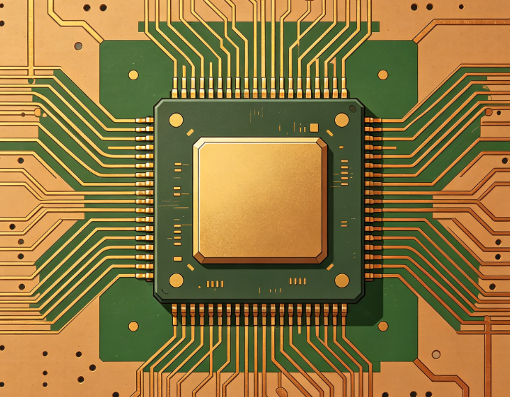 PCB layout view of QFP footprint showing solder mask dams between leads