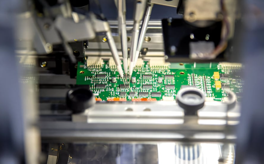 Multiple flying probes contacting test points on a bare PCB prototype