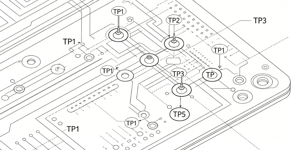 Annotated PCB layout showing recommended test points for flying probe access