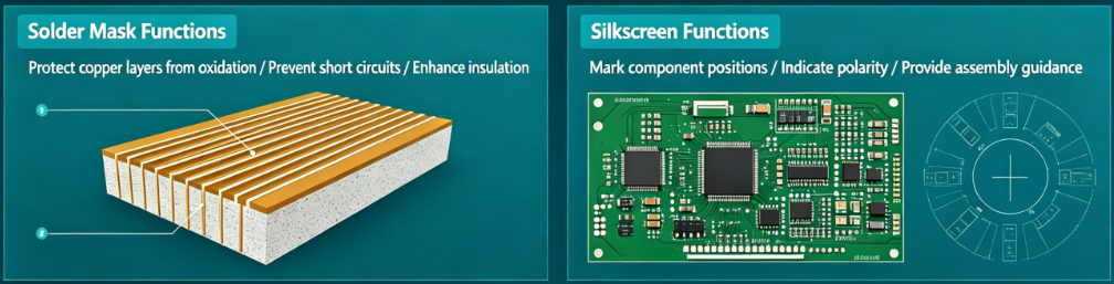 functions and cost factors of solder mask and silkscreen in PCB fabrication, noting that industry standards allow cost-effective quality control.