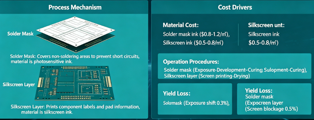 the specific process mechanisms, cost drivers, and compatibility considerations for solder mask and silkscreen in PCB manufacturing
