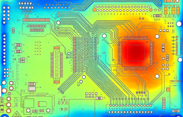 Color-coded thermal simulation illustrating temperature distribution across a CEM-1 PCB