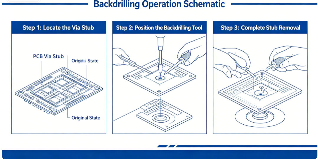 Diagram of backdrilling operation removing the via stub portion
