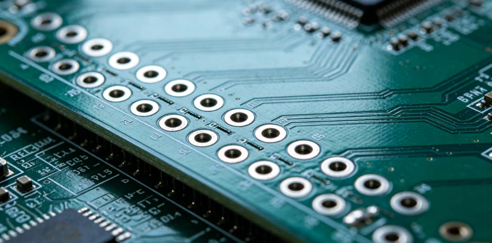 Top view of PCB showing multiple ground stitching vias along board edge