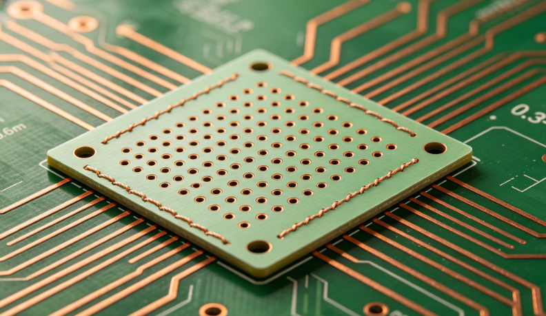 n low-cost PCB design, evenly distributed stitching vias (0.3–0.6 mm)