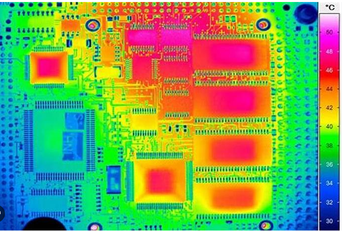 Color coded thermal map of a PCB showing heat distribution with different copper thicknesses