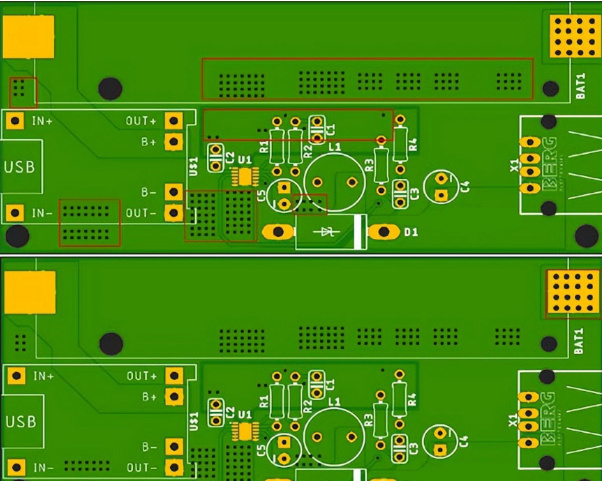 Top view of PCB showing dense via stitching between ground planes