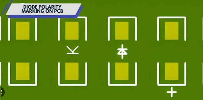 Close-up view of reference designators and polarity marks on assembled PCB