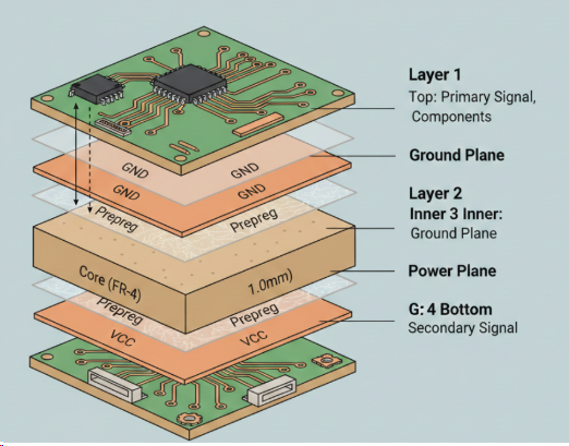 Illustration of symmetric multilayer stackup with signal and plane layers