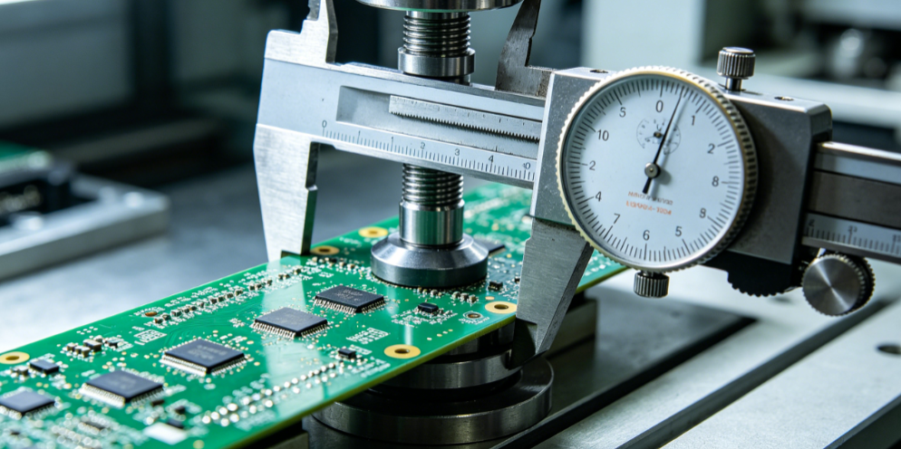 Technician measuring finished PCB thickness with a micrometer