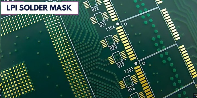 Close-up of high-resolution LPI solder mask dams on fine-pitch PCB pads