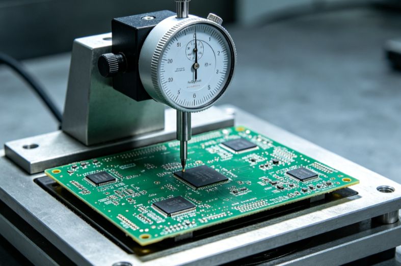 Measuring PCB warpage with a dial gauge on a temperature-controlled fixture