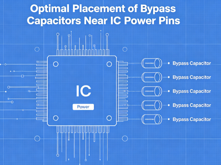 'Layout view showing optimal placement of bypass capacitors near IC power pins')