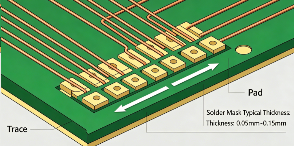Cross-sectional view showing typical solder mask thickness over traces and pads